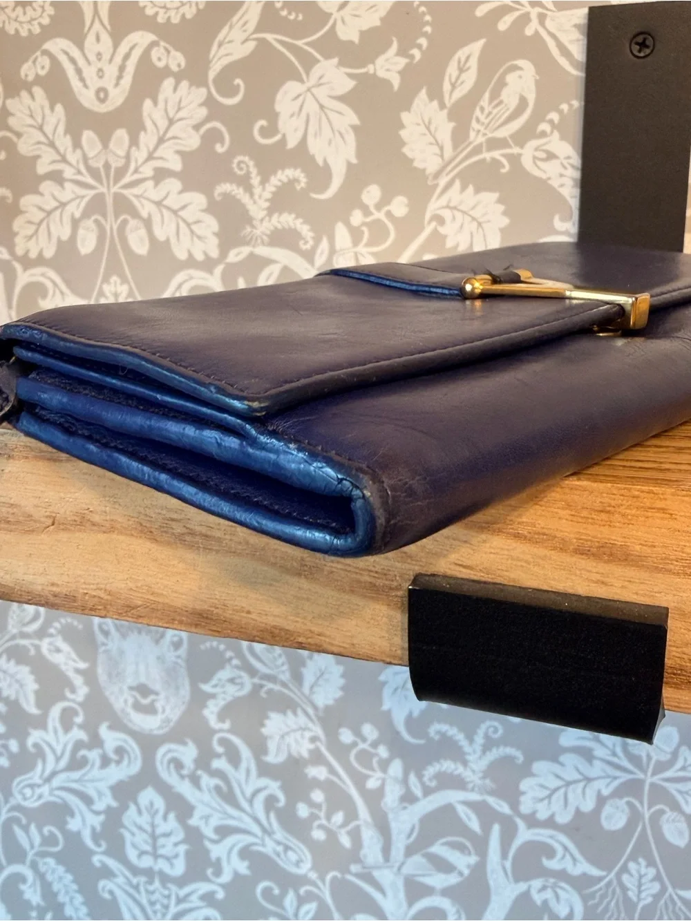 Authentic Saint Laurent YSL Blue Smooth Leather Cassandra Wallet Gold Hardware